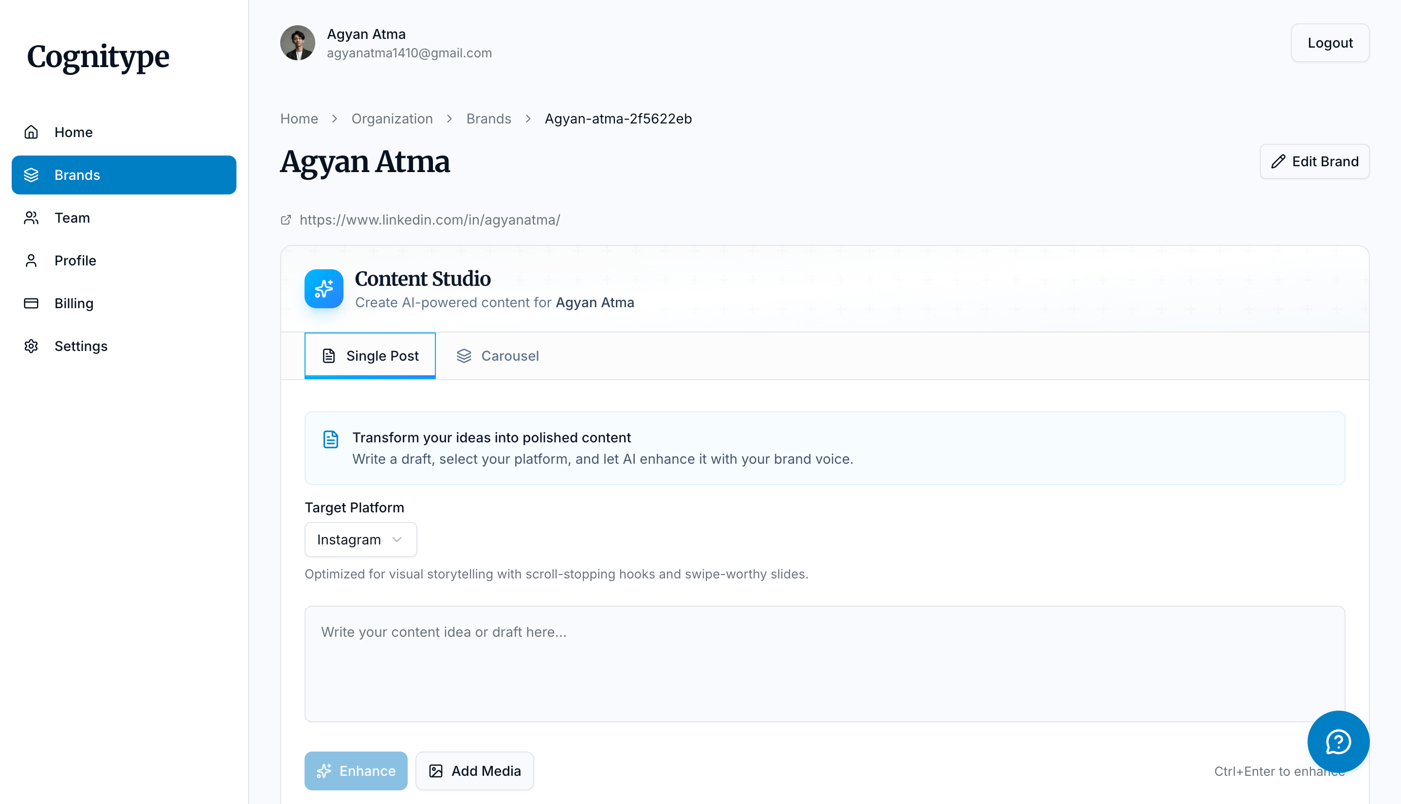 Cognitype.ID Content Studio dashboard